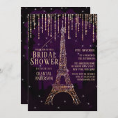 Lila Glitzer Paris Eiffel Tower Brautparty Einladung (Vorne/Hinten)