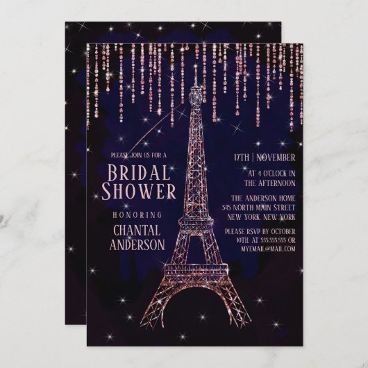 Lila Glitzer Paris Eiffel Tower Brautparty Einladung (Vorne/Hinten)