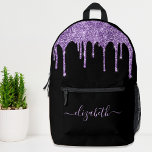 Lila Glitzer Personalisiert Bedruckter Rucksack<br><div class="desc">Personalisierter,  eleganter und mädchenhaft schwarzer Rucksack mit lila Imitaten Glitzer Tropfen. Personalisieren Sie mit Ihrem Namen in einem stilvollen,  leicht lila Skript mit Swashes. Sie können die Größe des Skript-Schriftartes im Entwurfstool für kürzere oder längere Namen anpassen.</div>