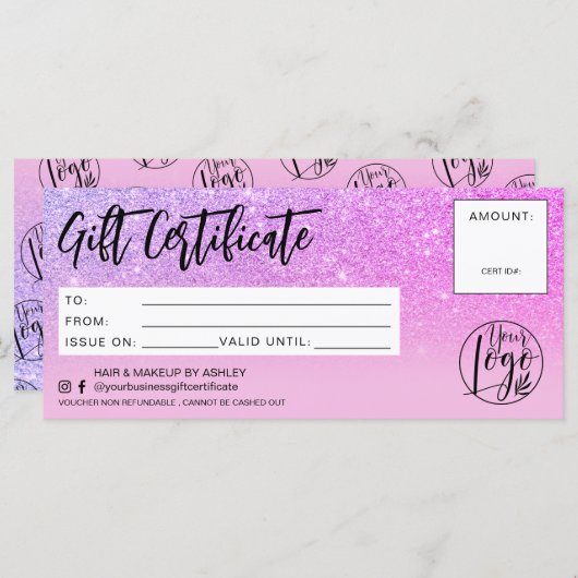 Lila Glitzer pink-schick Geschenkzertifikat (Vorne/Hinten)