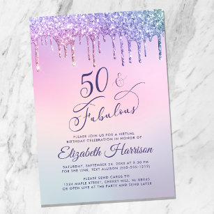 Lila Glitzer Pink Virtual 50. Geburtstagsparty Einladung