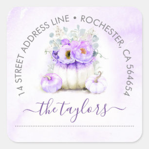 Lila Glitzer Pumpkin Fall Party-Adresse Quadratischer Aufkleber