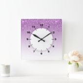 Lila Glitzer Quadratische Wanduhr (Zuhause)