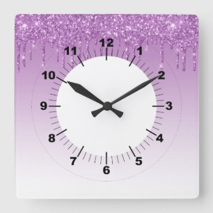 Lila Glitzer Quadratische Wanduhr