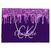 Lila Glitzer Rosa Tropfen Monogramm Große Geschenktüte (Rückseite)