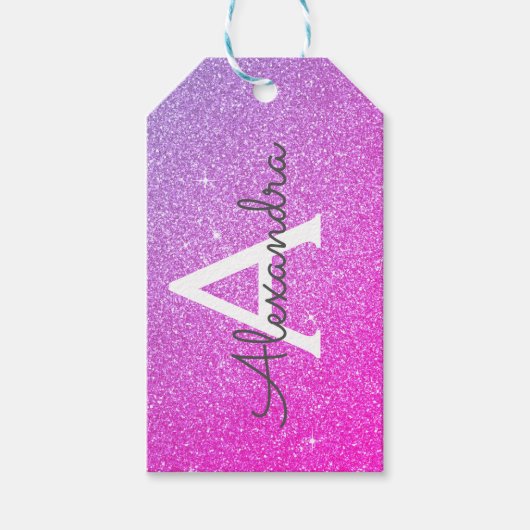 Lila Glitzer, rosa und dunkle Monogramm Geschenkanhänger (Vorderseite)