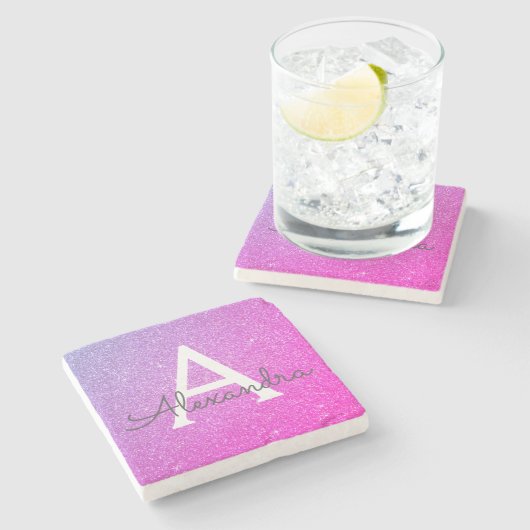 Lila Glitzer, rosa und dunkle Monogramm Steinuntersetzer (Seitenansicht)
