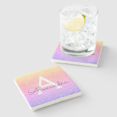 Lila Glitzer, rosa und dunkle Monogramm Steinuntersetzer (Seitenansicht)