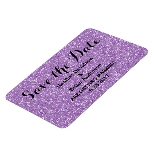 Lila Glitzer Save the Date Flexi Magnet (Linke Seite)