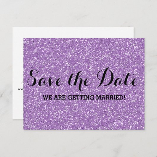 Lila Glitzer Save the Date Postkarte (Vorne/Hinten)