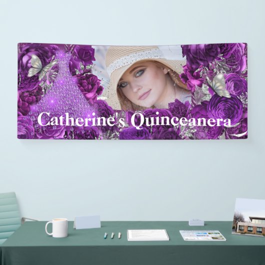 Lila Glitzer-Schmetterling Quinceanera Banner (Messe)