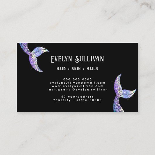 Lila Glitzer Schwanz schwarze Visitenkarte (Rückseite)