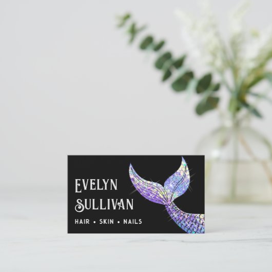 Lila Glitzer Schwanz schwarze Visitenkarte (Stehend Vorderseite)