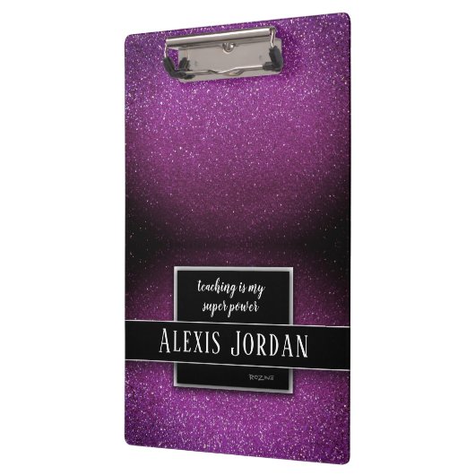 Lila Glitzer Schwarz-weiß Lehrer Super-Power Klemmbrett (Links)