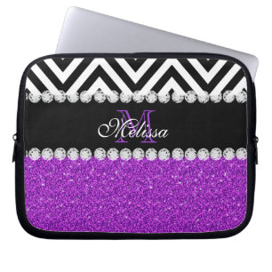 LILA GLITZER-SCHWARZ-ZICKZACK MIT MONOGRAMM LAPTOPSCHUTZHÜLLE