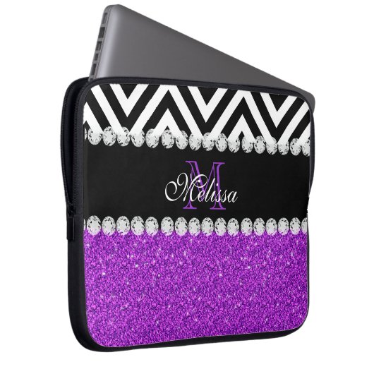 LILA GLITZER-SCHWARZ-ZICKZACK MIT MONOGRAMM LAPTOPSCHUTZHÜLLE (Vorne Rechts)