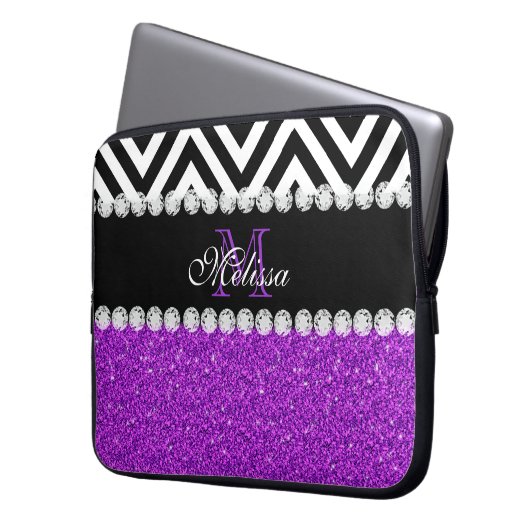 LILA GLITZER-SCHWARZ-ZICKZACK MIT MONOGRAMM LAPTOPSCHUTZHÜLLE (Vorderseite Links)