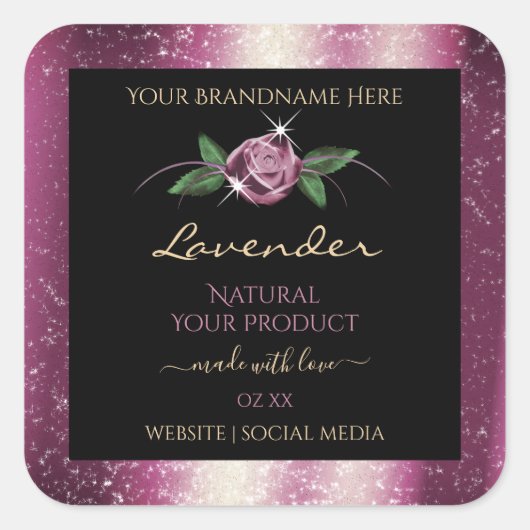 Lila Glitzer Schwarze Produktkennzeichnungen Rose  Quadratischer Aufkleber (Vorderseite)