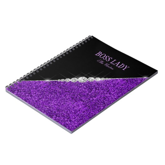 Lila Glitzer Silver Diamonds Personalisiert Notizblock (Linke Seite)