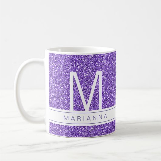 Lila Glitzer Sparkle Monogram Individuelle Name Kaffeetasse (Links)