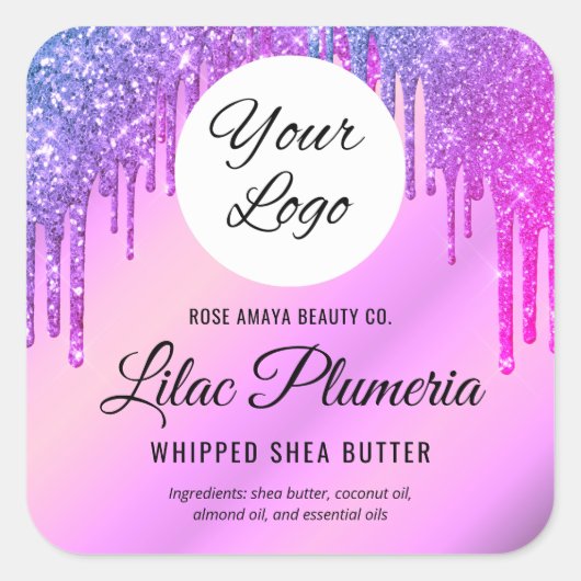 Lila Glitzer Sparkle Tropfens Schönheitsindustrie Quadratischer Aufkleber (Vorderseite)