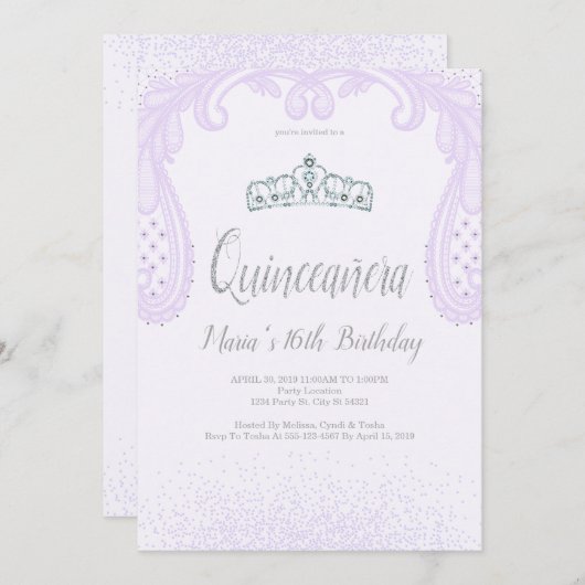 Lila Glitzer & Spitzen, Einladungen nach Quinceñer (Vorne/Hinten)
