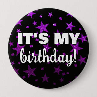 Lila Glitzer Stars Confetti Es ist mein Geburtstag Button