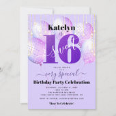 Lila Glitzer Sweet 16 Birthday Balloons Moderne Einladung (Vorderseite)
