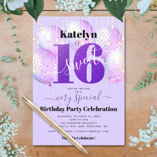 Lila Glitzer Sweet 16 Birthday Balloons Moderne Einladung