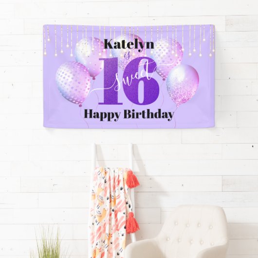 Lila Glitzer Sweet 16 Birthday Balloons Script Banner (Insitu)