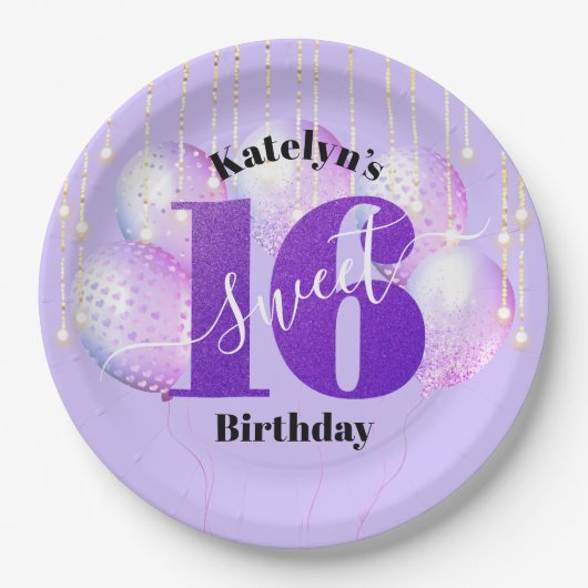 Lila Glitzer Sweet 16 Birthday Balloons Script Pappteller (Vorderseite)