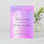 Lila Glitzer Sweet 16 Brautparty Einladung (Stehend Vorderseite)