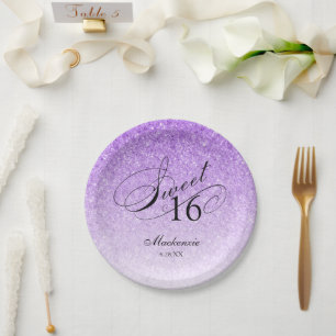 Lila Glitzer Sweet 16 Personalisiert Pappteller