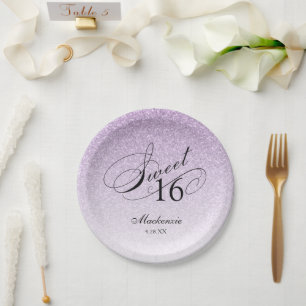 Lila Glitzer Sweet 16 Personalisiert Pappteller