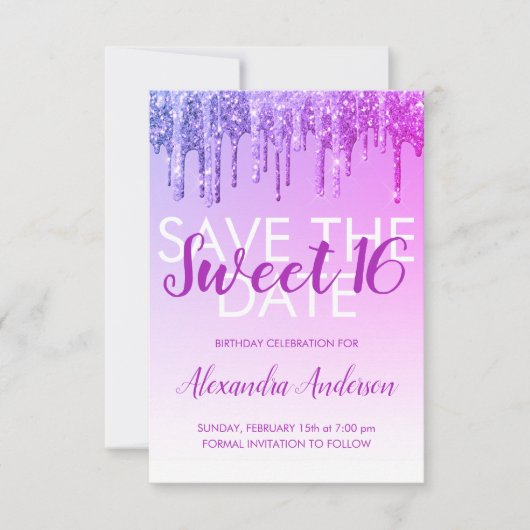 Lila Glitzer Sweet 16 Save the Date Einladung (Vorderseite)