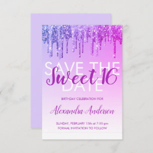Lila Glitzer Sweet 16 Save the Date Einladung