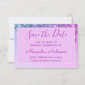 Lila Glitzer Sweet 16 Save the Date Einladung (Rückseite)