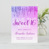 Lila Glitzer Sweet 16 Save the Date Einladung (Stehend Vorderseite)