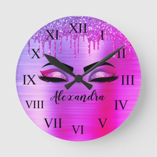 Lila Glitzer-Syndrom Runde Wanduhr (Vorderseite)