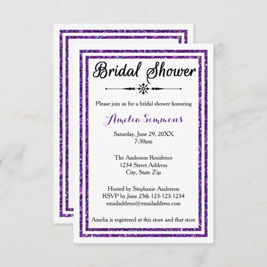 Lila Glitzer Trim - 3x5 Brautdusche Einladung (Vorne/Hinten)