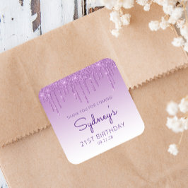 Lila Glitzer Tropfen 21. Geburtstag Vielen Dank Quadratischer Aufkleber