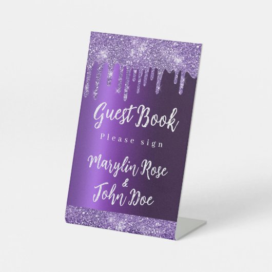 LILA GLITZER TROPFEN ELEGANT WEDD SOCKELSCHILD (Vorderseite)