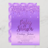 Lila Glitzer Tropfen Kinderdusche Einladung (Vorne/Hinten)