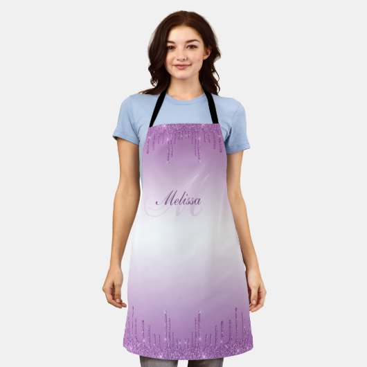 lila Glitzer Tropfen personalisierte Bezeichnung M Schürze (Getragen)
