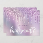 Lila Glitzer Tropfen werden Sie meine Brautjungfra Einladungspostkarte (Vorne/Hinten)