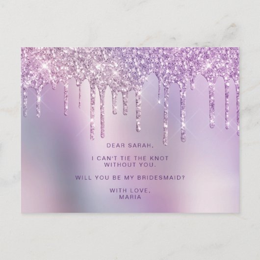 Lila Glitzer Tropfen werden Sie meine Brautjungfra Einladungspostkarte (Rückseite)