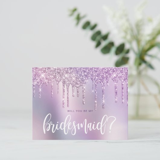 Lila Glitzer Tropfen werden Sie meine Brautjungfra Einladungspostkarte (Stehend Vorderseite)