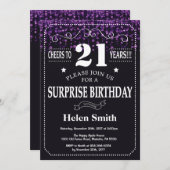 Lila Glitzer Überraschung 21. Geburtstag Einladung (Vorne/Hinten)