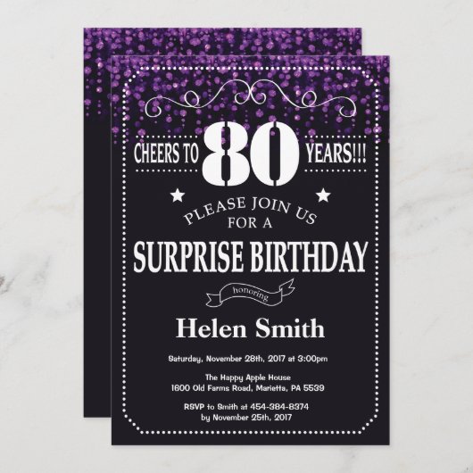 Lila Glitzer Überraschung 80. Geburtstag Einladung (Vorne/Hinten)