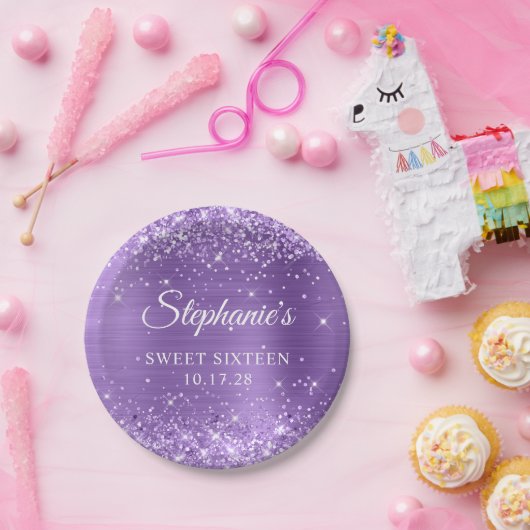 Lila Glitzer und Foil 16 . Geburtstag Pappteller (Party)